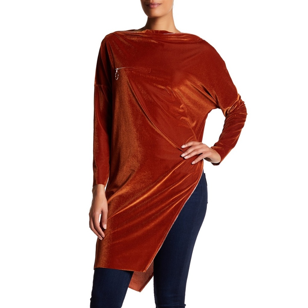 TOV Rust Velveteen Asymmetrical Zipper Top